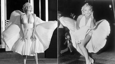 En esta combinación de fotografías, Ana de Armas como Marilyn Monroe en una escena de Blonde, izquierda, y Marilyn Monroe posando en la filmación de The Seven Year Itch en Nueva York el 9 de septiembre de 1954.&nbsp;