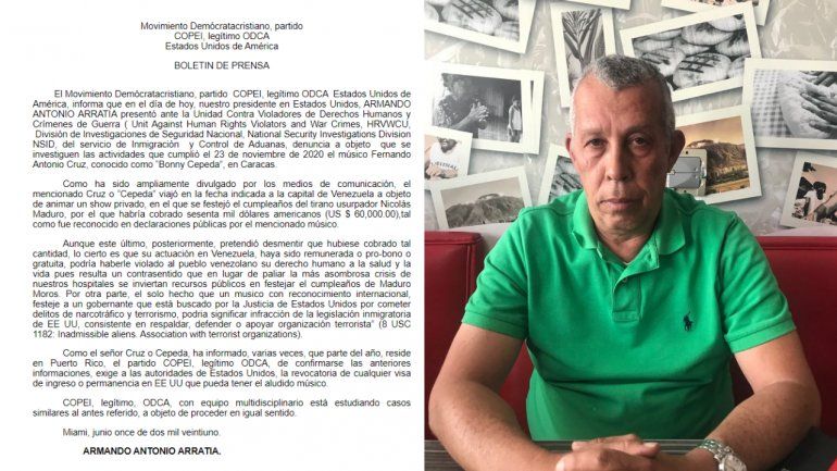El abogado Armando Arratia, presidente del partido COPEI LEGÍTIMO ODCA, en Estados Unidos, presentó una denuncia legal para exigir la revocación de privilegios al artista Bonny Cepeda