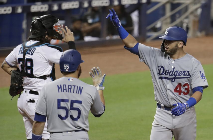 El jugador de los Dodgers de Los Ángeles, el puertorriqueño Edwin Ríos (43), celebra tras conectar su jonrón solitario, mientras su compañero Russell Martin (55) lo espera en el plato durante el cuarto inning de un juego de beisbol contra los Marlins de Miami, el miércoles 14 de agosto de 2019, en Miami.