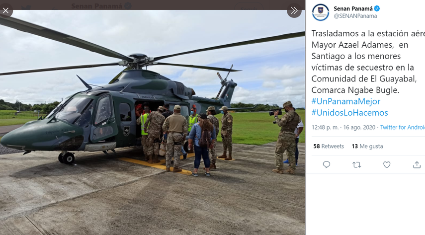 El Servicio Nacional Aeronaval de Panam&aacute; public&oacute; en su cuenta en Twitter&nbsp;@SENANPanama&nbsp;el momento del traslado de los menores.&nbsp;