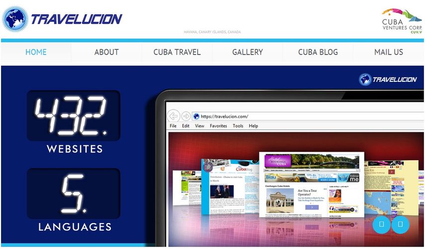 Vista de la Web de Travelution, empresa subsidiaria de Cuba Ventures Corp., encargada de la gestión de 432 websites que realizan la gestión online de los recursos turísticos de la isla.
