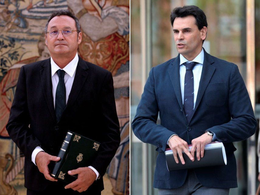 El Fiscal General de España, Álvaro García Ortiz (izquierda), y Alberto González Amador (derecha), novio de la líder de la derecha de la región de Madrid, Isabel Díaz Ayuso, saliendo del Tribunal Superior de Justicia.