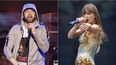 En este collage de fotos, Eminem se presenta en el Festival de Música y Artes Bonnaroo el 9 de junio de 2018 y Taylor Swift se presenta en el estadio de Wembley en Londres como parte de su Eras Tour el 21 de junio de 2024.