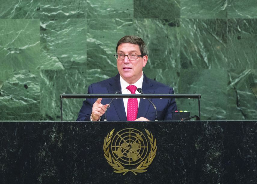 Bruno Rodríguez habla durante la Asamblea General de la ONU en Nueva York.