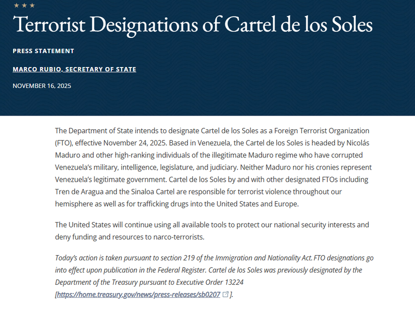 Comunicado del Departamento de Estado sobre la intención de designar al Cártel de los Soles y su cabecilla Nicolás Maduro como terroristas.