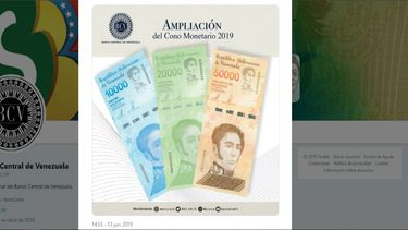 Imagen de los nuevos billetes que forman parte de la ampliación del cono monetario publicada por el Banco Central de Venezuela en su cuenta de Twitter.