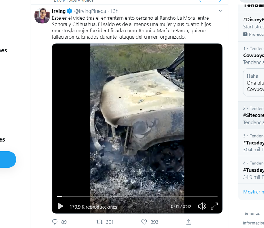 As&iacute; qued&oacute; el auto donde fallecieron los miembros de la familia LeBaron.&nbsp;&nbsp;