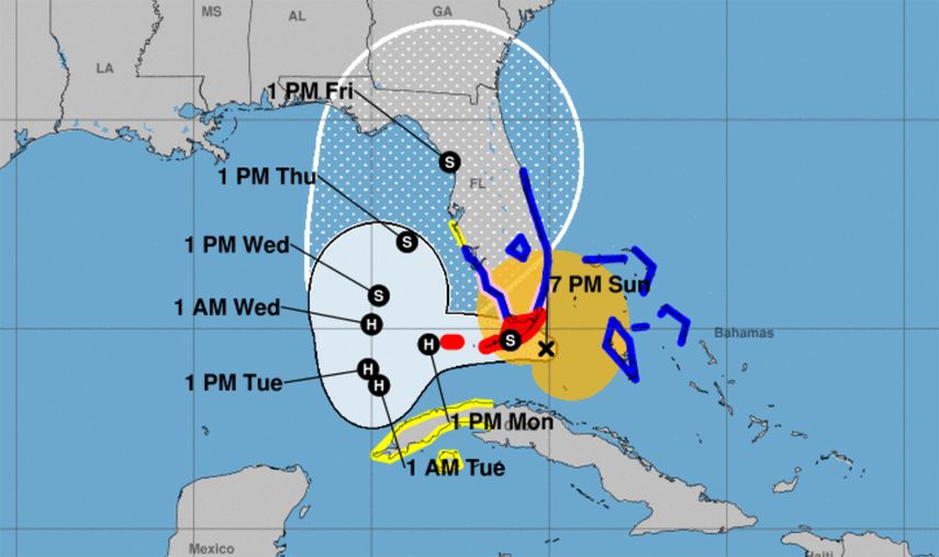 Proyección de ruta para tormenta Eta, emitida por el Centro Nacional de Huracanes., 7 pm domingo 8 de noviembre.