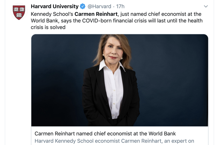 Publicaci&oacute;n en Twitter de Harvard University con el anuncio de la designaci&oacute;n de&nbsp;Carmen&nbsp;Reinhart como nueva&nbsp;economista jefa del Banco Mundial.&nbsp;