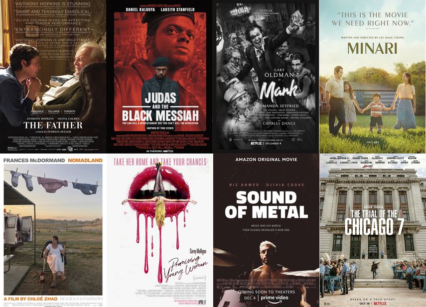 En esta combinación de fotos, los pósters de las nominadas al Oscar a la Mejor película The Father, Judas and the Black Messiah, Mank, Minari, Nomadland, Promising Young Woman, Sound of Metal y The Trial of the Chicago 7.