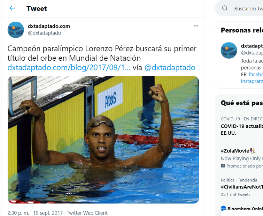 Captura de pantalla&nbsp; de @dxtadaptado muestra al nadador Lorenzo Pérez alzando el brazo en señal de triunfo.&nbsp;