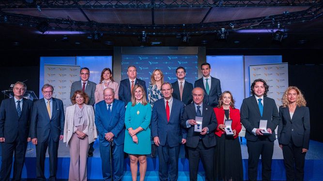 Los galardonados con la Medalla de Honor de CEAPI, Andrés Allamand (SEGIB), Mariano Jabonero (OEI), Max Trejo (OIJ, entre 2016 y 2025) y Ana Teresa Ayala (decana de los Embajadores Iberoamericanos en España), junto a los Embajadores de Iberoamérica, la presidenta de CEAPI, Núria Vilanova, y las instituciones españolas