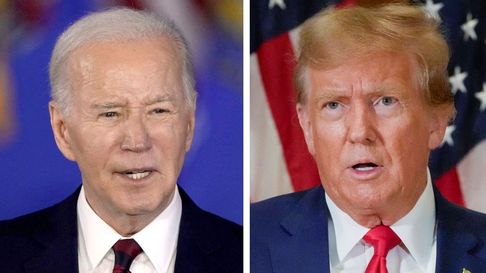 El presidente estadounidense Joe Biden habla en Milwaukee, el 13 de marzo de 2024, izquierda, y el expresidente Donald Trump habla en Nueva York, el 11 de enero de 2024.