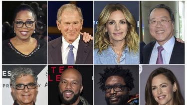 En esta combinaci&oacute;n de fotos, arriba, de izquierda a derecha, la magnate de los medios Oprah Winfrey, el expresidente George W. Bush, la actriz Julia Robert y el m&uacute;sico Yo-Yo Ma, y abajo, el gur&uacute; Deepak Chopra, el rapero Common, el m&uacute;sico Questlove y la actriz Jennifer Garner, quienes participar&aacute;n en un evento en vivo de 24 horas: Call to Unite.
