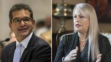 Esta combinaci&oacute;n de dos fotos muestra a Pedro Pierluisi y Wanda V&aacute;zquez, en San Juan, Puerto Rico. El secretario de Estado y la gobernadora compiten en la primarias del domingo 9 de agosto del 2020, en la isla.