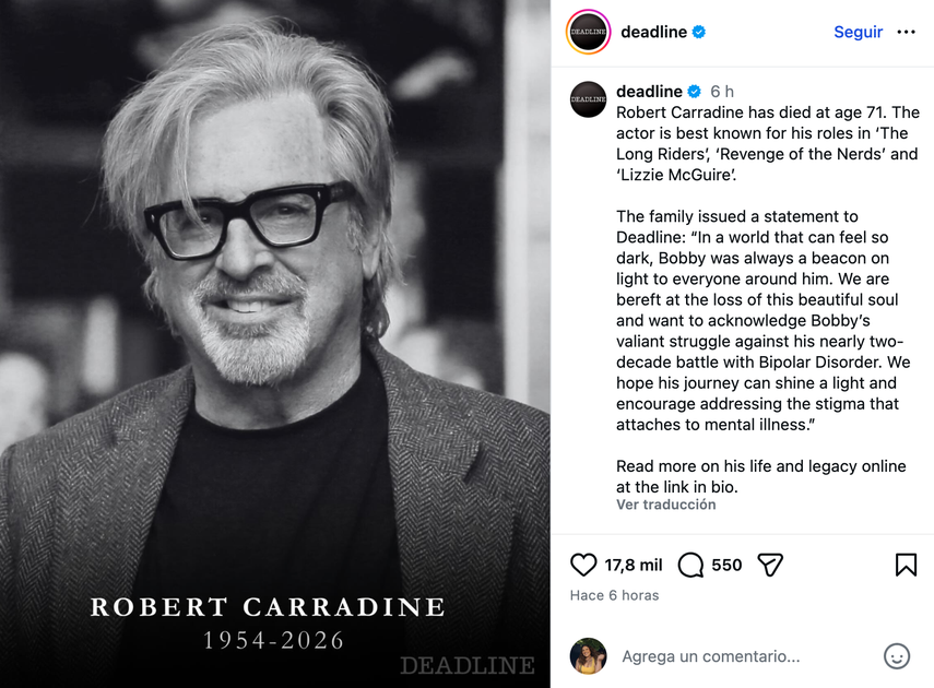 El actor Robert Carradine falleció a los 71 años tras una larga lucha contra el trastorno bipolar