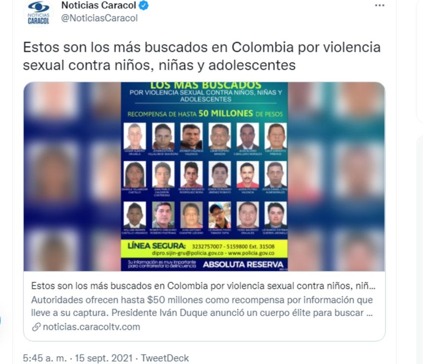 Captura de pantalla del mensaje difundido por Noticias Caracol a través de Twitter.&nbsp;