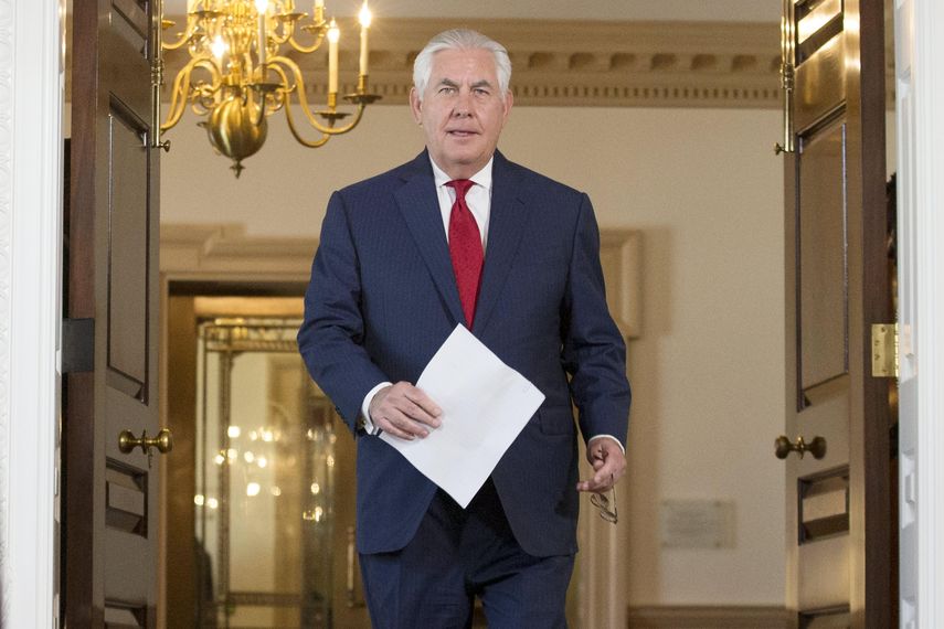 El secretario de estado de EEUU Rex&nbsp;Tillerson hoy durante su comparecencia ante la prensa en el Departamento de Estado.&nbsp;