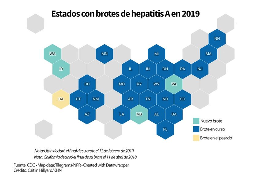 Mapa de los estados de EEUU donde se han producido brotes de hepatitis A.
