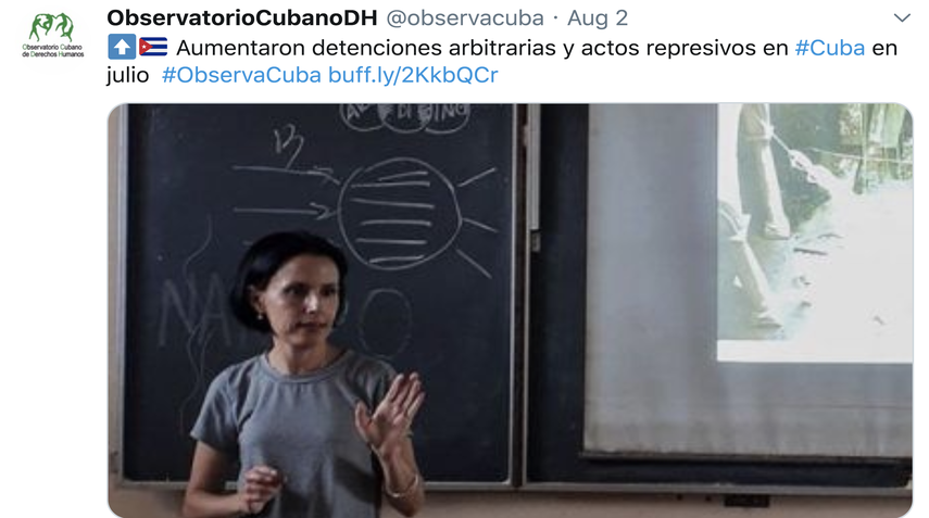 Captura de pantalla de la cuenta en Twitter de ObservatorioCubanoDH donde se reporta un aumento en las detenciones arbitrarias en la isla.&nbsp;