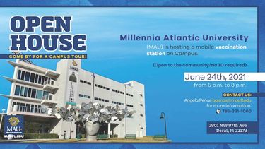 Anuncio de la jornada de vacunación de este 24 de junio en Millennia Atlantic University, Doral, Florida.&nbsp;