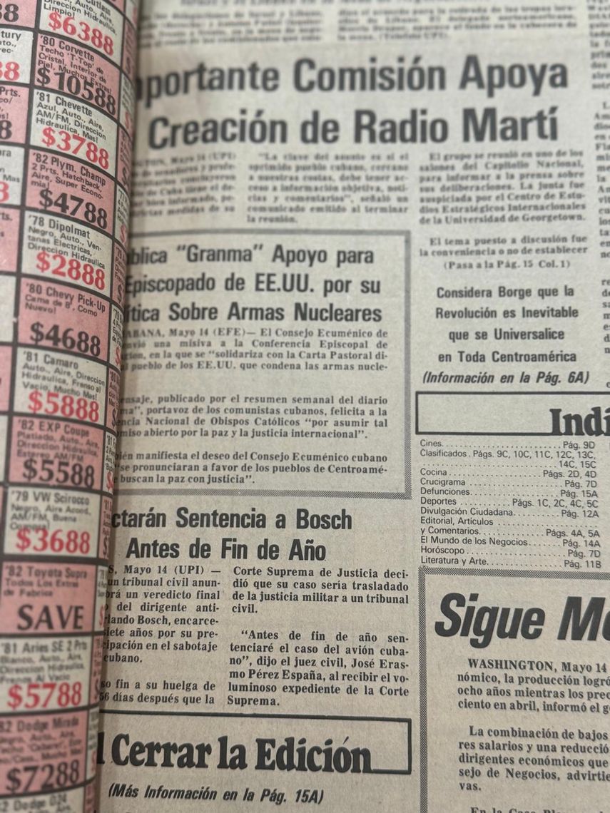 Noticia sobre la creación de Radio Martí, en la primera plana del Diario Las Américas el 15 de mayo de 1983.