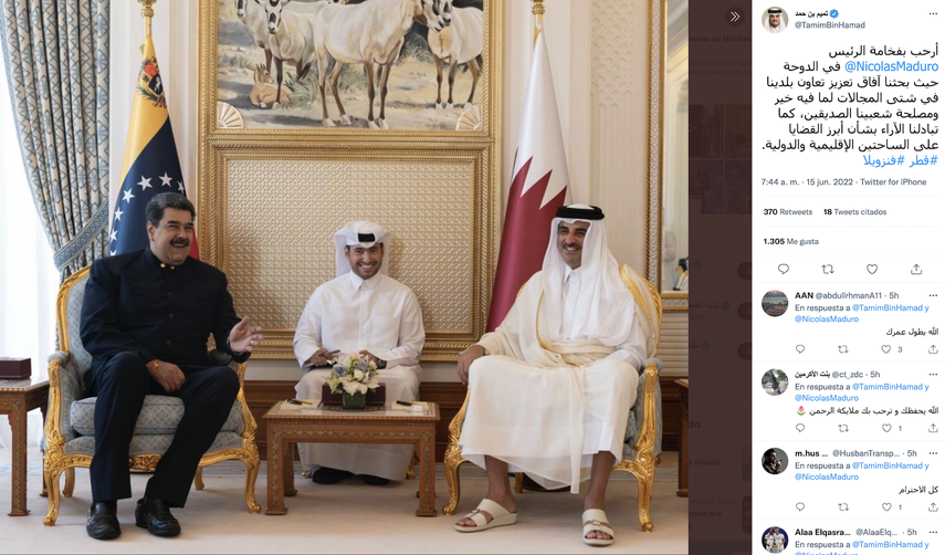 Nicolás Maduro se reunió con el emir de Qatar, Tamim bin Hamad Al Thani, el miércoles 15 de junio de 2022.&nbsp;