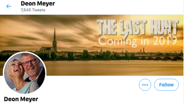 Captura de pantalla de la cuenta oficial en Twitter del escritor sudafricano Deon Meyer, autor de Fever.&nbsp;