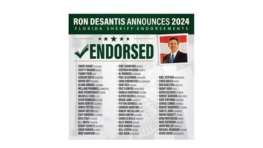 Lista oficial de apoyos del gobernador Ron DeSantis a candidatos para sheriff, publicada en Twitter (ahora X).