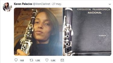 Fotografía de la clarinetista Karen Palacios publicada en su cuenta de&nbsp;Twitter @KrenClarinet.