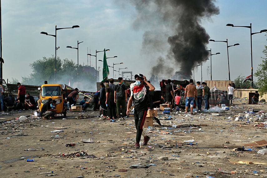 La escena de protestas en la Plaza Tahrir de Bagdad el 27 de octubre del 2019.&nbsp;