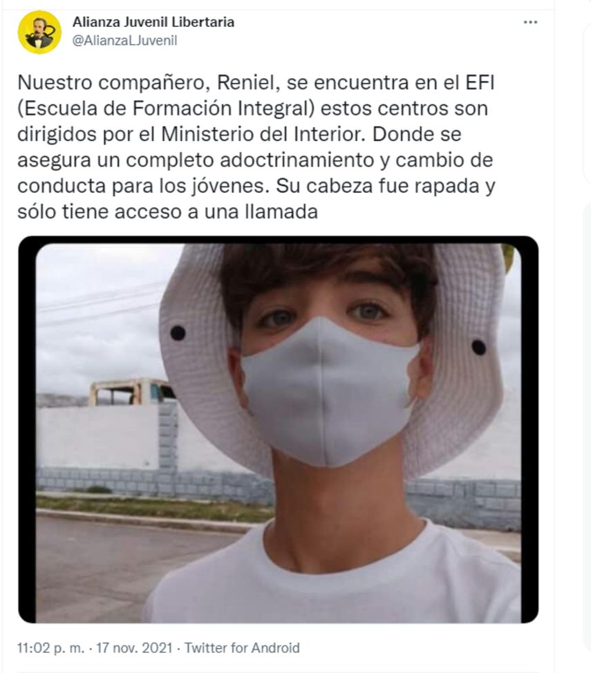 Captura de pantalla con la imagen del niño cubano de 15 años Reniel Rodríguez detenido por la dictadura