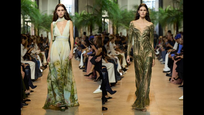 La colección El encanto de lo salvaje, del diseñador Elie Saab, se presenta en la Semana de la Moda de París 2024.
