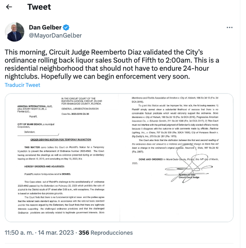 Tuit de Dan Gelber alcalde de Miami Beach.