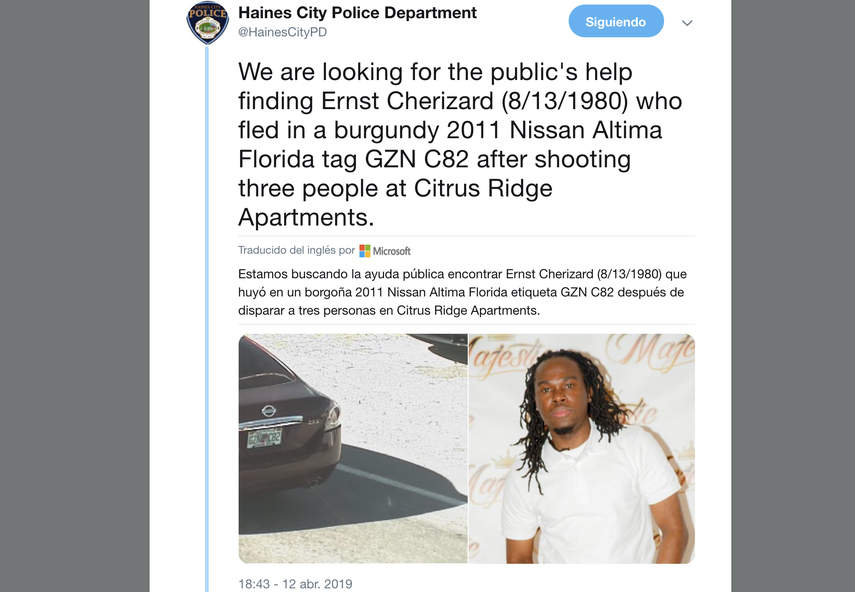 El departamento de Policía de&nbsp;Haines City&nbsp;&nbsp;publicó un par de fotografías con el aviso de búsqueda.&nbsp;
