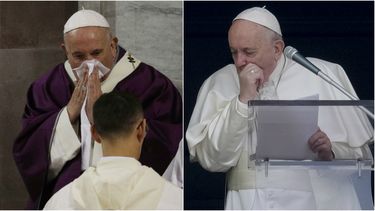 A la izquierda, el&nbsp;papa Francisco se limpia la nariz mientras celebra la misa del Mi&eacute;rcoles de Ceniza, el mi&eacute;rcoles 26 de febrero de 2020. A la derecha,&nbsp;el&nbsp;Papa tose mientras recita la plegaria del Angelus desde la ventana de su estudio, en el Vaticano, el domingo 1 de marzo de 2020.