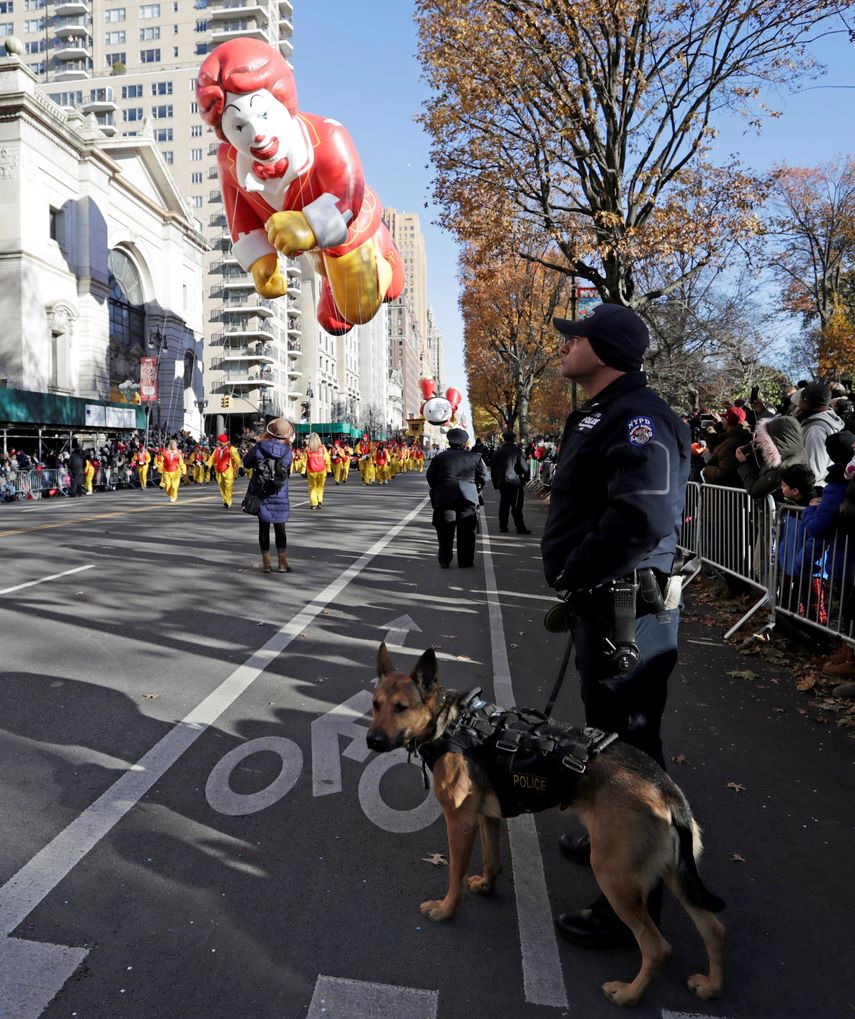 Un agente de la brigada canina de la policía, vigila la zona durante el 93º desfile anual de Acción de Gracias en Nueva&nbsp;York, EEUU.&nbsp;