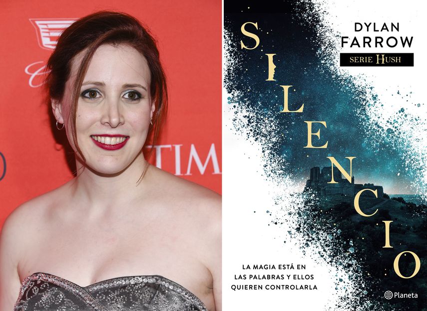 En esta combinación de fotos, Dylan Farrow en la gala TIME 100 en Nueva York el 26 de abril de 2016, y la portada de Silencio, la edición en español de su novela debut Hush.