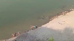 En esta imagen de un video de KK Productions se ven cadáveres flotando en el río en Ghazipur, en el estado de Uttar Pradesh, India, el 11 de mayo de 2021.