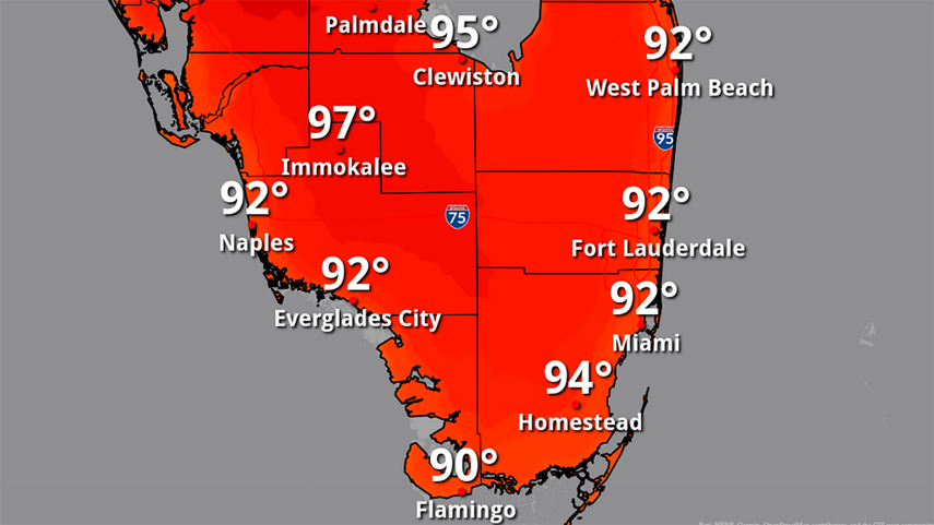 El mapa del sur de la Florida se muestra en color rojo, lo que refleja un nivel alto de calor