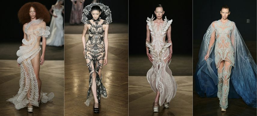 Esta combinación de imágenes, creada el 7 de julio de 2025, muestra a modelos presentando creaciones para Iris Van Herpen durante el desfile de Alta Costura Otoño/Invierno 2025-26 en París, el 7 de julio de 2025.