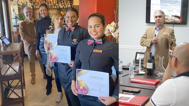 De izquierda a derecha, Yamir Pellegrino e Idania González junto a graduados del curso de camarero. En la foto de la derecha, Pellegrino imparte una clase del curso.&nbsp;