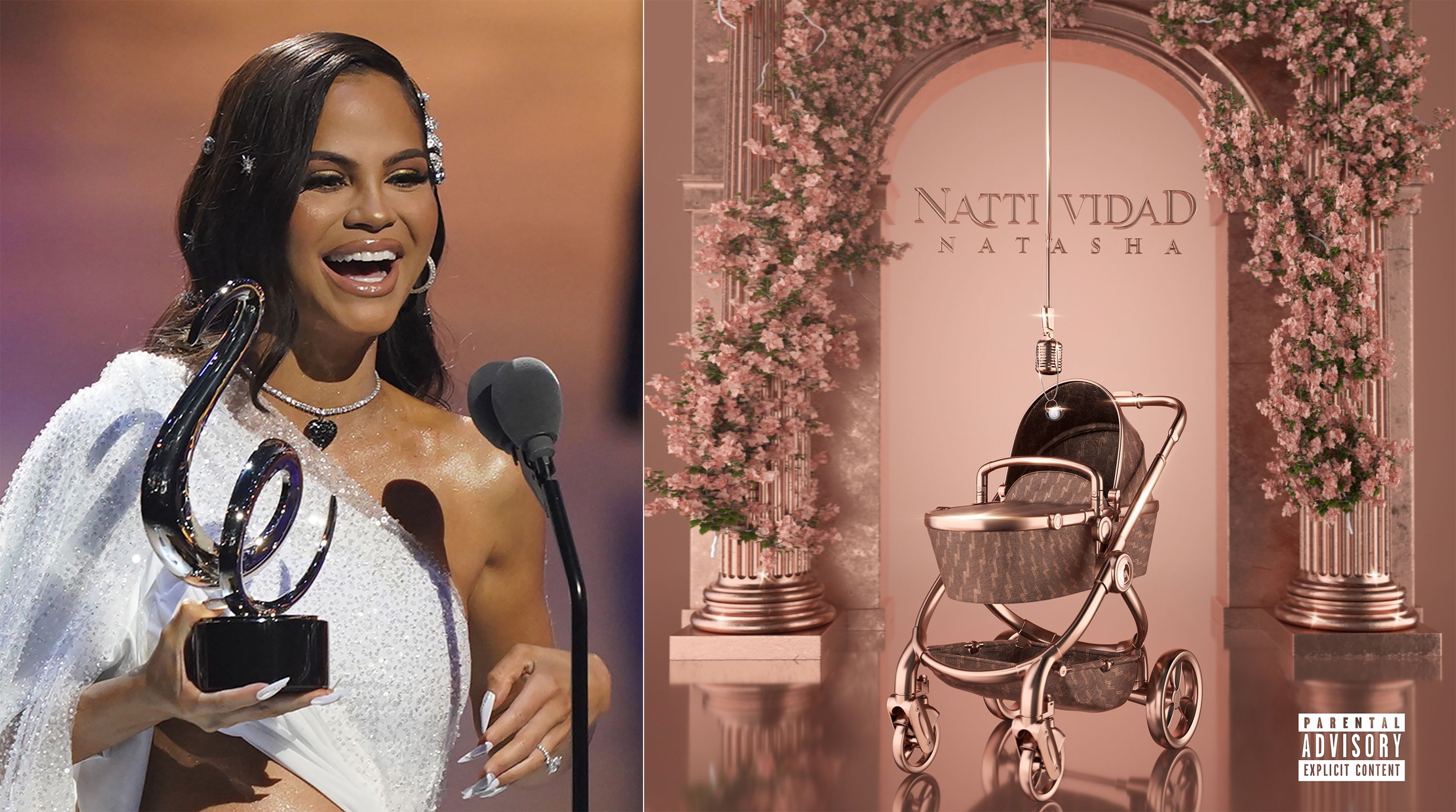 En esta combinación de fotos, Natti Natasha recibe el Premio Lo Nuestro a la Mejor canción tropical el 18 de febrero de 2021, a la izquierda, y la portada de su nuevo álbum, NattiVidad. En esta combinación de fotos, Natti Natasha recibe el Premio Lo Nuestro a la Mejor canción tropical el 18 de febrero de 2021, a la izquierda, y la portada de su nuevo álbum, NattiVidad.