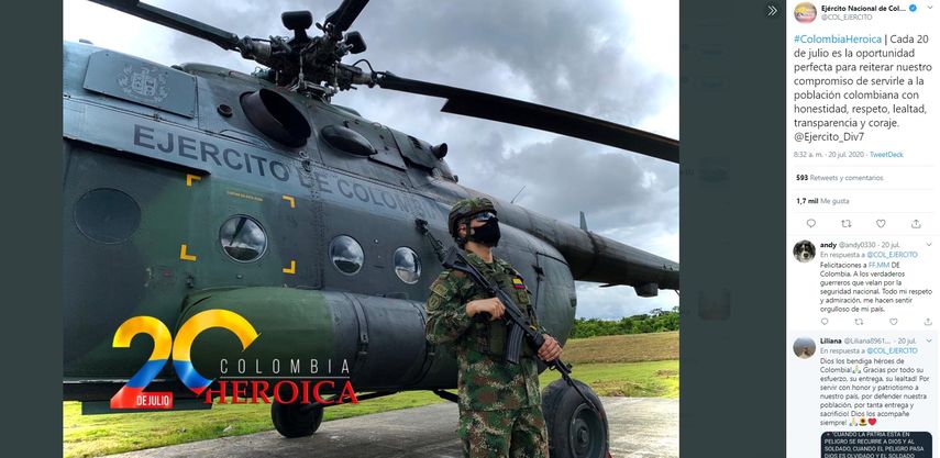 Foto de un helic&oacute;ptero del Ej&eacute;rcito de Colombia publicada en la cuenta de Twitter del cuerpo armado con motivo del D&iacute;a de la Independencia de esa naci&oacute;n sudamericana.