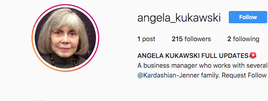 Captura de pantalla del perfil en Instagram de Angela Kukawski, mánager de celebridades, entre ellas las Kardashian.&nbsp;