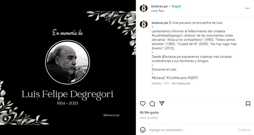 Muere el cineasta peruano Luis Felipe Degregori.