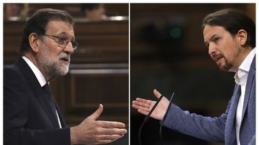 El presidente del Gobierno, Mariano&nbsp;Rajoy&nbsp;(i), y el líder de Podemos, Pablo Iglesias, durante sus respectivas intervenciones &nbsp;en el Congreso de los Diputados, en el debate de la moción de censura de Unidos Podemos contra el primero.
