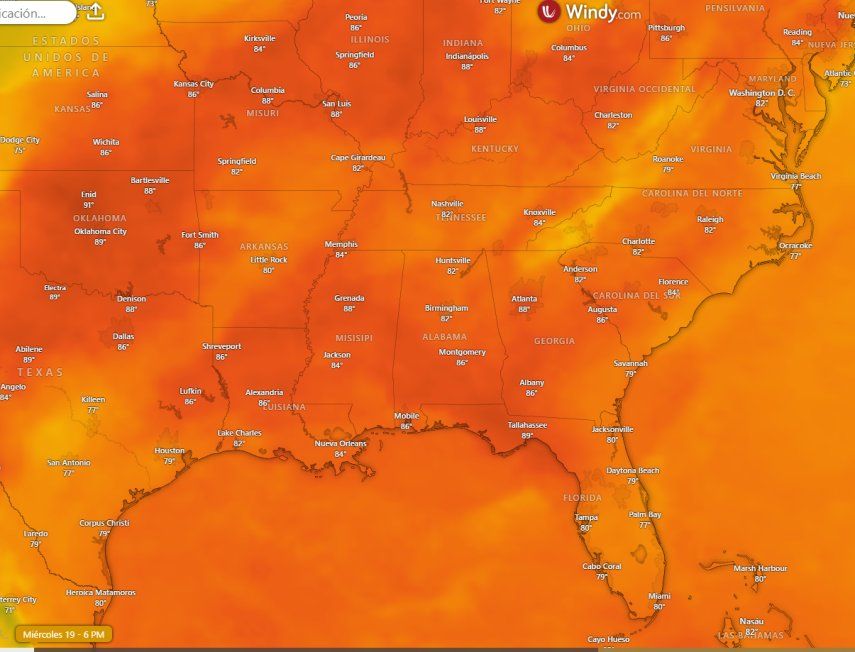 Captura de pantalla del portal WYNDY.com donde se observa la proyección de calor para este miércoles 19 de junio de 2024.&nbsp;