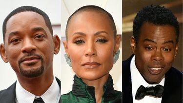Esta combinación de imágenes creada el 27 de marzo de 2022 muestra al actor estadounidense Will Smith (izq.), la actriz estadounidense Jada Pinkett Smith en la 94.ª entrega de los Oscar en el Dolby Theatre de Hollywood, California, y el actor estadounidense Chris Rock habla en el escenario durante la 94º Oscar en el Dolby Theatre de Hollywood, California.&nbsp; &nbsp;