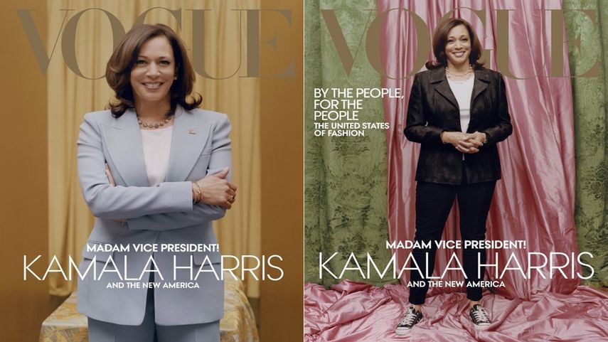 Esta combinación de fotos publicadas por Vogue muestra imágenes de la vicepresidenta electa Kamala Harris en la portada de sus números digitales e impresos de febrero. La jefa de la revista, Anna Wintour, a asegurar este martes que nunca quiso restar importancia a su increíble victoria.&nbsp;